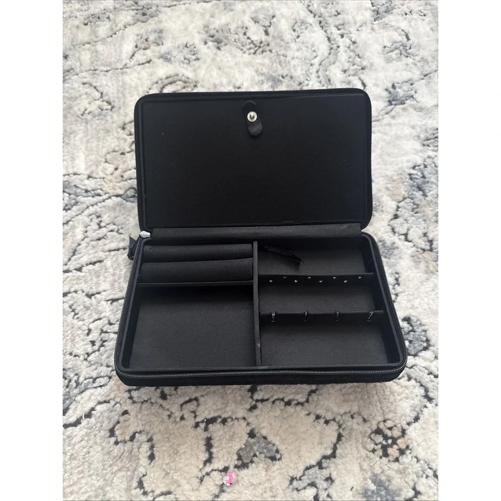 Black Burnt Velvet Clamshell Hard Jewelry Organizer Travel Box Hinged Lid Lined